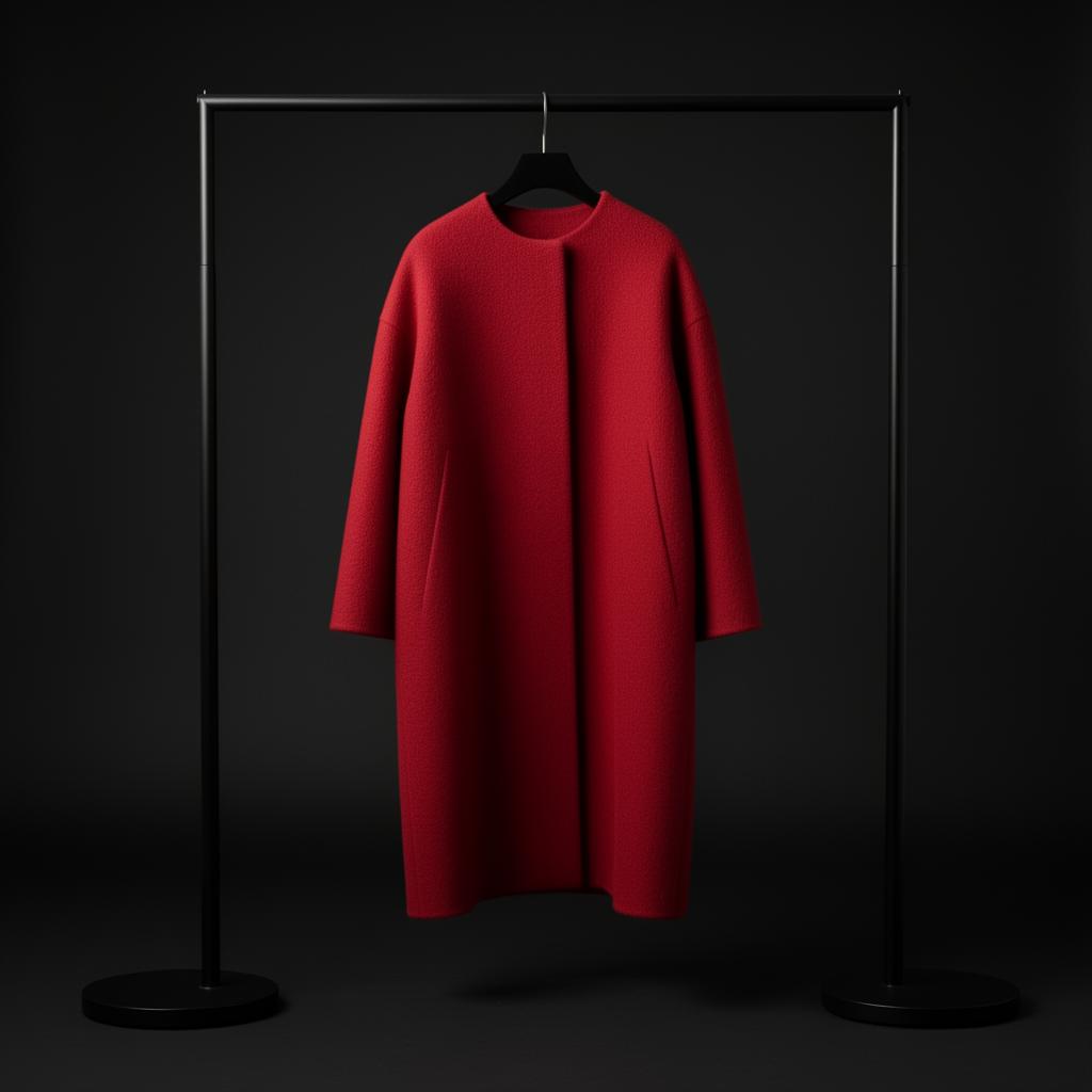 Red Santa wool coat hanging on a black clothing rack